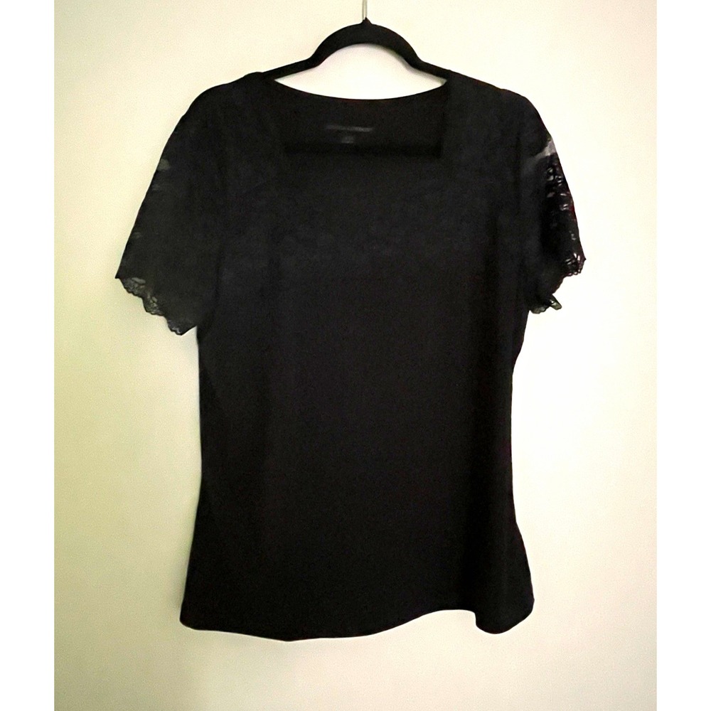 Jessica London Top Women's 14/16 Black Lace Square Neck Short Sleeve Dressy